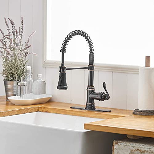 Bathfinesse Kitchen Sink Faucet With Deck Plate Single Handle With Pull Down Sprayer Spring 3 Function Kitchen Faucet High Arc Gooseneck Farmhouse Commercial Bar Pull Out Oil Rubbed Bronze #TOP6