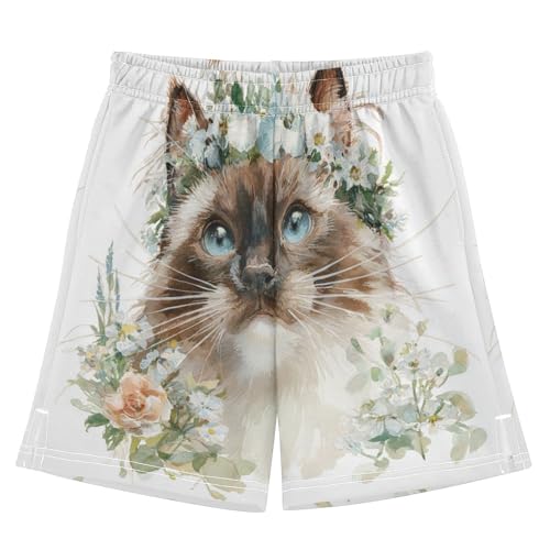 DOMIKING Siamese Cat White Kids Shorts Pull-on Boys Shorts with Elastic Waist Casual Athletic Pants for Summer Outdoor