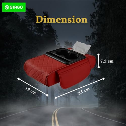 Image of SIAGO SIA399 Premium Car Armrest Cover | 5-in-1 Center Console Organizer with Cup Holder, Phone Slot, & Storage Bags | Anti-Slip PU Leather Cushion for Sedans & SUVs (Red)