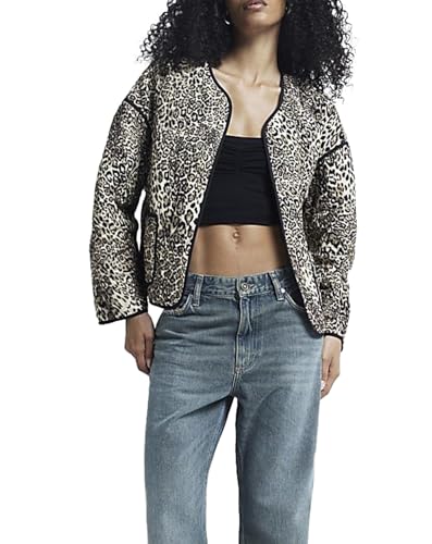 Womens Cropped Quilted Puffer Jacket Lightweight Open Front Leopard Print Padded Cardigan Coat Outwear
