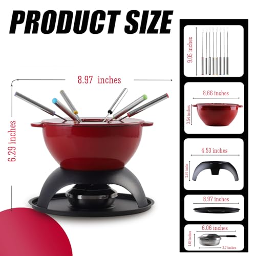Artestia 11-Piece Cast Iron Fondue Set with Adjustable Burner 6 Colored Forks, 5-Cup Red Cheese Fondue Pot, Perfect for Chocolate, Caramel, Meat, 4-6 Person - Thumbnail 7