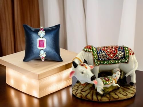 Image of SAUDEEP INDIA Combo of Resin Cow and Calf Idol for Home Decor with Rakhi for Brother Bhai(Rakhi with Gift Hamper)