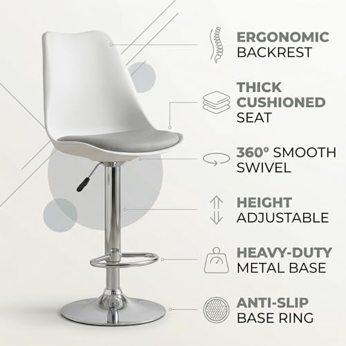 Image of activa Rapid Bar Stool Chair with Height Adjustable Design, Padded Seat & Footrest | Modern Metal Counter Stool for Kitchen, Home, Bar & Cafe Seating | Durable Comfort Chair (White & Grey, Set of 2)