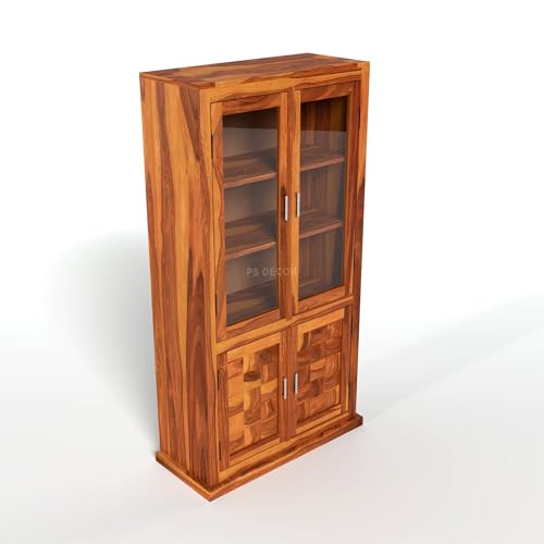 Image of Solid Sheesham Wood Book Shelf with Acrylic Glass Doors and Storage Cabinet | Rosewood Display Unit with 4 Doors for Living Room & Office (Natural Finish)