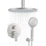 KOJOX Ceiling Mounted Rain Shower Set - Brushed Nickel High Pressure Shower Head System- 3 Setting Headheld Shower Head Fixtures- Valve Included