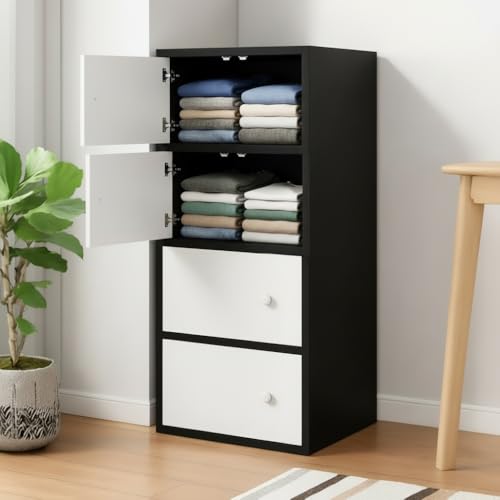Image of EXVITO Premium Wooden Collapsible Wardrobe with 6 Doors & 6 Spacious Shelves | Modern Foldable Almirah for Clothes, Blankets & Storage - Sun Protection with Anti-Slip Handle (BBLK, 4 Door)