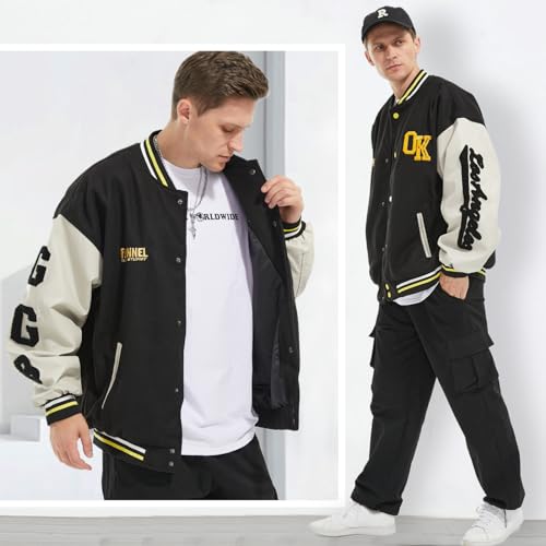Image of Mens Varsity Jacket Baseball Bomber Jacket Vintage Unisex Streetwear Coats with Patchwork Hipster Utility Tops