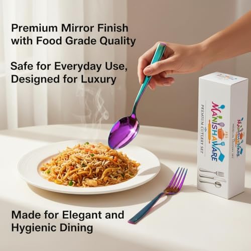 Image of Classic Rainbow 4 Pcs Stainless Steel Cutlery Set for Dining Table, Dishwasher Safe Glossy Flatware (Perfect Spoon Fork Set)