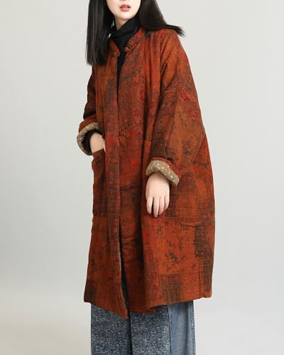 LUZU JUNU Women's Cotton Padded Floral Jacket Kimono Soft Quilted Flower Printed Long Loose Outwear Coats3