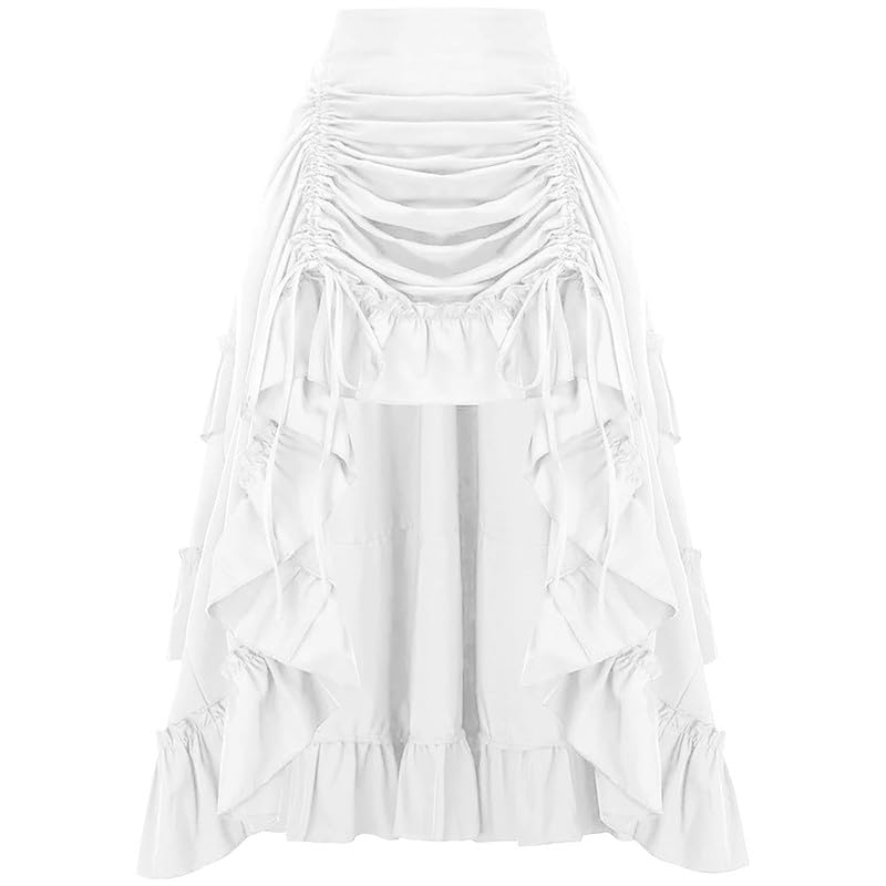 Runstarshow Pirate Style Tiered Ruffle Maxi Skirts Halloween Renaissance Drawstring Gothic High Low Asymmetric Skirt Medieval Victorian Clothing S-XXL/UK 8-20