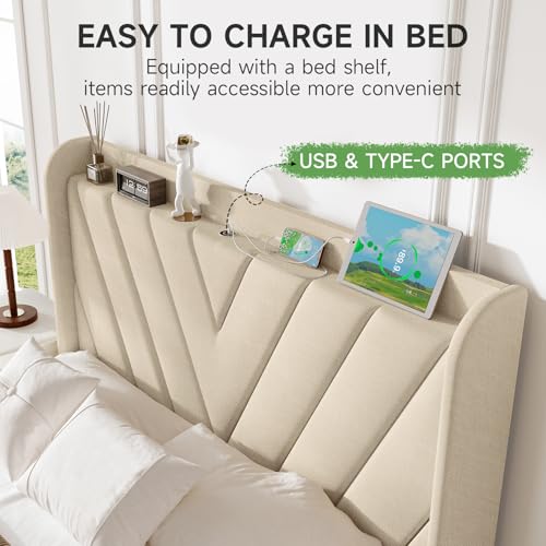 Image of koorlian Full Size Bed Frame, Full Bed Frame with Headboard, Adjustable Upholstered Bed Frame with Type-C&USB Port, Wingback Storage Headboard, Noiseless, No Box Spring Needed, Beige