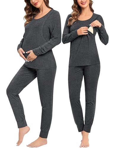 Image of SWOMOG Women Maternity & Nursing Thermal Underwear Set Postpartum Pajamas Breastfeeding Long Sleeve Base Layer Pregnant Pjs