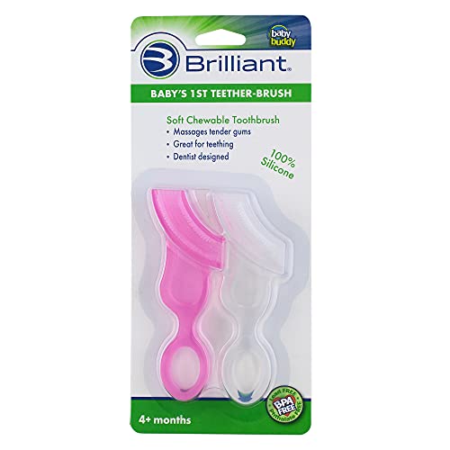 Image of Brilliant Baby’s 1st Toothbrush - Silicone First Toothbrush for Babies and Toddlers, 4 Months Old and Up, Oral Care Must Haves Infant and Toddler, Baby Registry Essentials, Pink/Clear, 2 Brushes