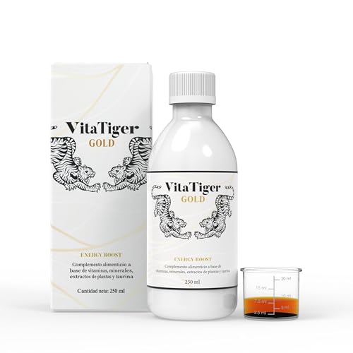 Complejo Vitaminico Completo - Pre Entreno Sin Cafeina- Potenciador Mujer y Hombre - Vitaminas para el cansancio, Ginseng coreano, Cordyceps, Taurina y Minerales - VITATIGER GOLD 250ml - 25 dosis