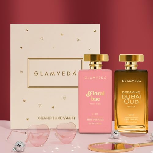 Image of Glamveda Valentine Luxury Perfume Couple Gift Set | Floral Bae & Dubai Oud Long Lasting 2x100ml | Valentine Day Gift for Her & Him | Floral, Fruity & Oud Premium Pure Perfume for Man & Woman