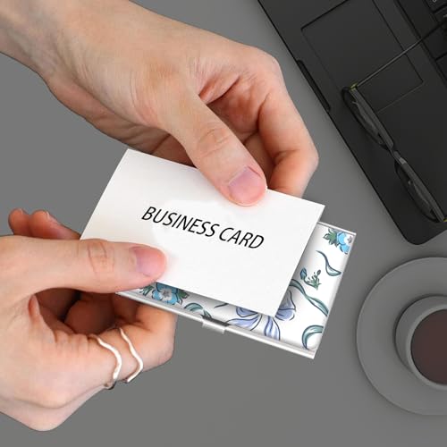 Business Card Holder, Stainless Steel Card Case, Metal Men's and Women's Business Card Case, Cute Buckle Style Card Holder, Wallet Credit ID Case for Office Blue Bows3