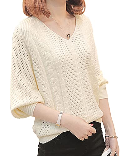 [Amulet]ドルマン風ニット レディース 透かし編み ニット ドルマン 体型カバー リブ袖 Vネック 大人 かわいいvl-5858-wh-f