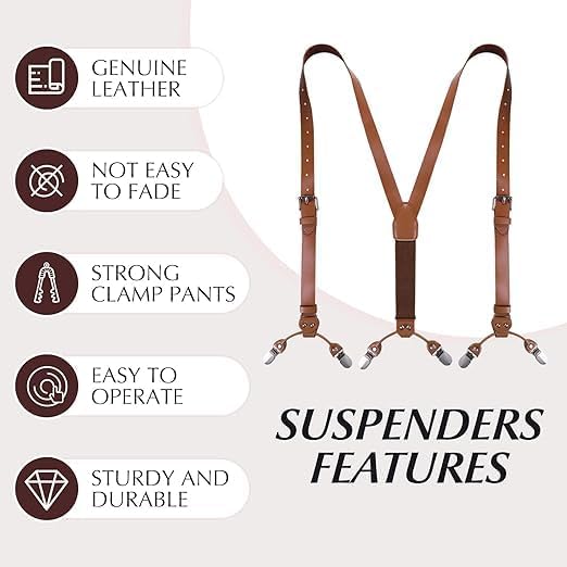 Genuine Leather Suspenders for Men,Y Back Design Leather Suspender with 6 Metal Clips,Adjustable Men's Suspender with Elastic Straps, Groomsmen Gift Wedding Brown - Image 3