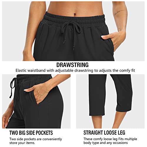 Sarin Mathews Womens Capris Pants Straight Leg Crop Pants Loose Comfy Drawstring Lounge Yoga Capris For Women Pockets Black M #TOP3
