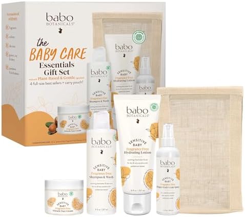 Babo Botanicals Baby Care Essentials Gift Set - Skincare, Bath & Diaper - For Delicate Skin, Fragrance-Free with Shea Butter, Includes Reusable Carry Pouch - Natural & Plant Based - 5 Items Set