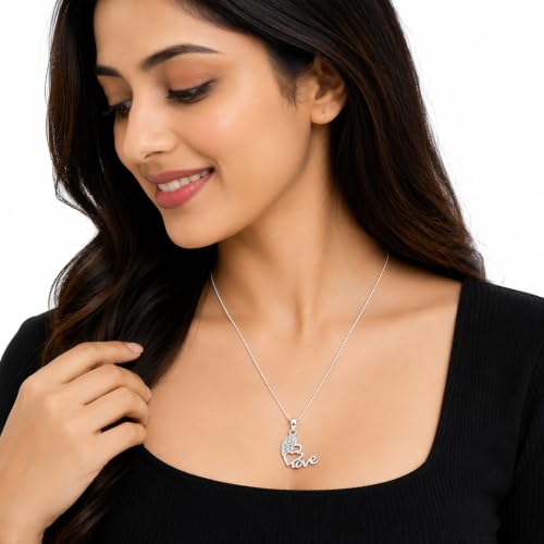 Image of Silver-Tone Love Heart Pendant Necklace with Crystal Stones for Festive Gifting | Bhabhi | Sister | Rakhi Gift