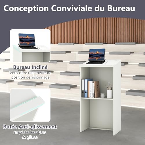 COSTWAY Podium Debout en Bois, Pupitre 117 cm, Surface Inclinée avec Rebord, Lutrin avec Étagère de Rangement et Trous pour Câbles, pour Église, Bureau, École, Séminaire (Blanc) – vue 6