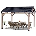 FAB BASED 10x12FT Hardtop Wood Gazebo, Natural Solid Cedar Frame Carport Gazebo, Canopy with Steel Roof, Outdoor Metal Top Pavilion for Deck, Garden, Backyard, Lawn