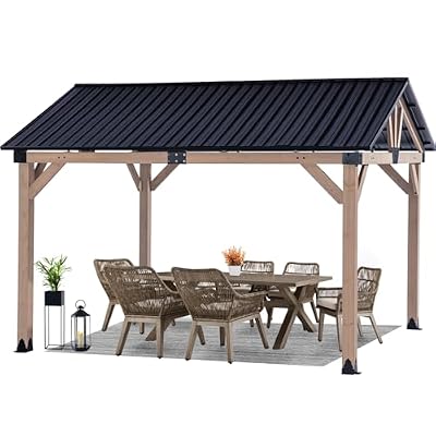 FAB BASED 10x12FT Hardtop Wood Gazebo, Natural Solid Cedar Frame Carport Gazebo, Canopy with Steel Roof, Outdoor Metal Top Pavilion for Deck, Garden, Backyard, Lawn
