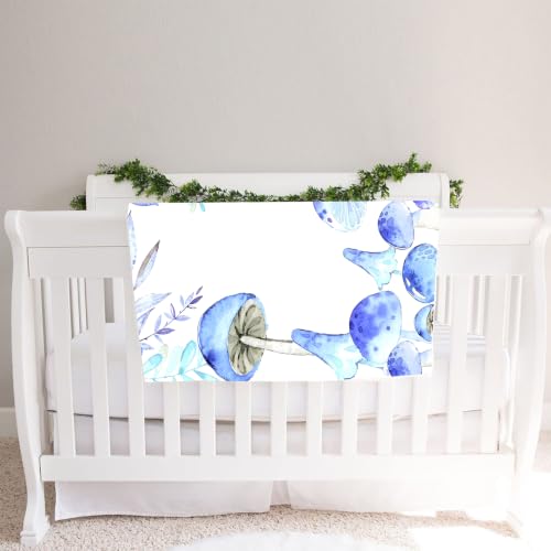 Image of Mushroom Theme Baby Monthly Milestone Blanket, Soft Flannel Watercolor Spring Tropical Eucalyptus Leaves Botanical Photography Prop Newborn Baby Shower Age Growth Tracker (Blue, 60x40in)