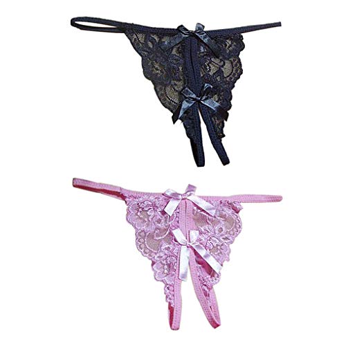Uzinb Due Sexy Lady Lace Biancheria Intima delle Ragazze Farfalla G-Perizoma del Merletto di Bowknot Mutande- Nero&Rosa