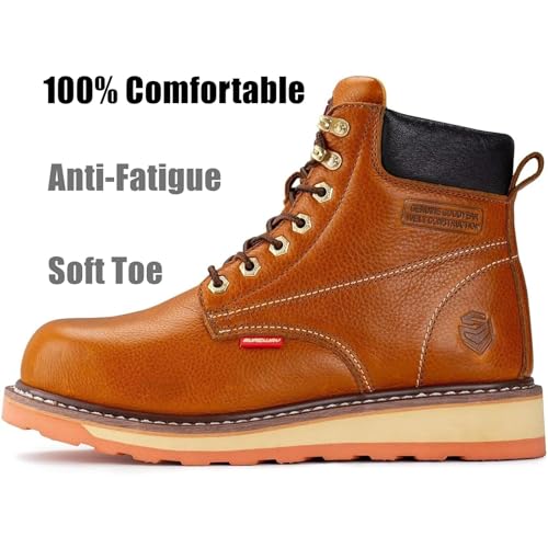 SUREWAY 6 in Mens Heavy Duty Soft/Steel Toe Work Boots for Men,Goodyear Welted,Full Grain Leather,Slip Resistant,EH Safety Industrial Construction Boot,Soft Toe LT Brown,Size 8.52