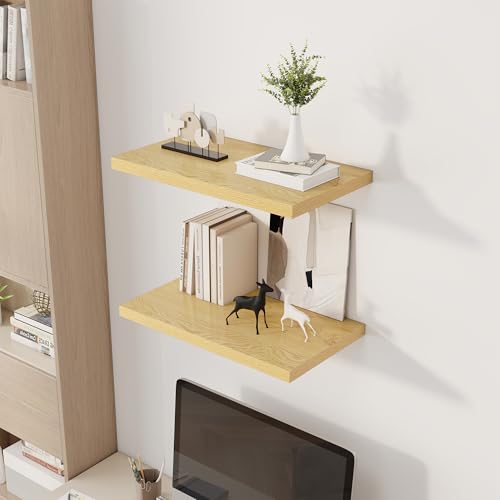 Image of Dreamland 24 inch Floating Shelves for Wall, 12 inch Deep Slim Oak Floating Shelves, Wall-Mounted Shelves for Bedroom, Living Room, Kitchen, Bathroom - Set of 2