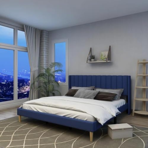 Image of Low Profile Upholstered Platform Bed with Winback Headboard | Bed Queen Size | Bed for Bedroom, Living Room | Bed Without Storage | Mattress not Included | Fabric Color:- Blue