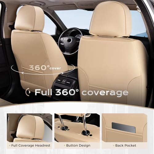Image of Coverado Car Seat Cover Full Set, Front and Rear Seat Cover for Car, Leather Car Seat Protector, Beige Universal Seat Covers, Waterproof Car Seat Cushion, Automotive Seat Covers Fit for Most Vehicles