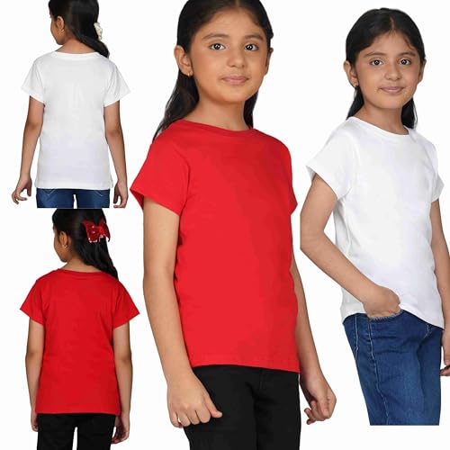 Image of Kids Round Neck T-Shirt Half Sleeves 100% Cotton Rich Soft Comfortable Fit Stylish Plain Color 1+1 Combo Original Brand Tshirt for Girls
