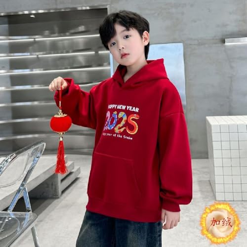 Chinese New Year Boys' autumn and winter velvet padded hooded sweatshirt 2025 snake year red sweatshirt2