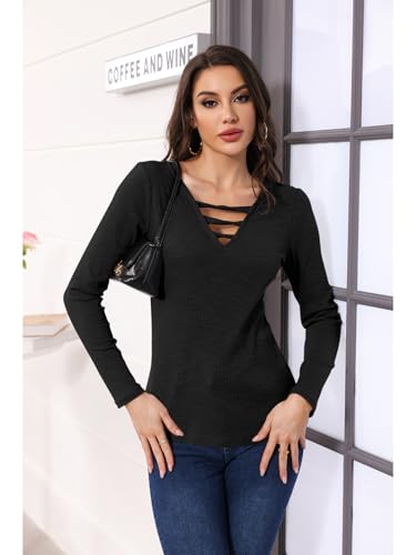Poetsky Women's Fall Long Sleeve Tunic Tops Sexy V Neck Shirts Casual Criss Cross Ribbed Knit Tee Slim Fitted Blouse3