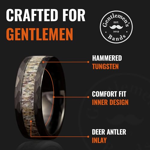 Gentlemen's Bands Black Wedding Band for Men | Hammered Tungsten Rings for Men With Deer Antler Inlay, 8mm | Includes Silicone Band, Walnut Box, and Leather Pouch Gift Set | Engagement, Promise Ring3