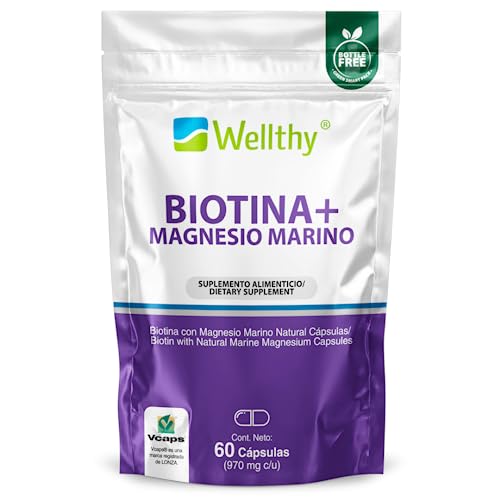Biotina, Wellthy Biotina 300μg y Magnesio Marino Francés 377mg de Alta Biodisponibilidad. Dosis diarias garantizadas de Biotina y Magnesio en solo 1 Cápsula al día,...