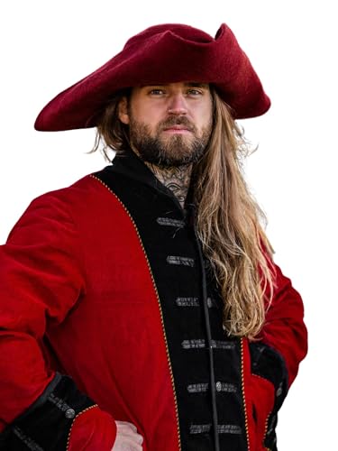 Leonardo Carbone Herren Kopfbedeckung Wollfilzhut Dreispitz Hugo | Dreieckige Form | Breite Krempe | Karneval Halloween Cosplay LARP Hut Tricorn Mittelalter | 100% Wolle Rot Einheitsgröße