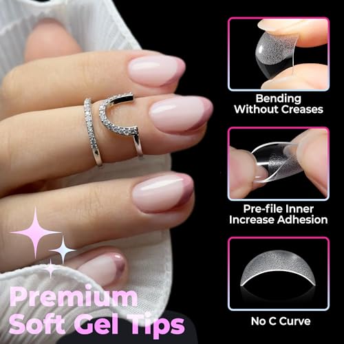 Image of UNA GELLA Extra Short Oval Nail Tips, Pre-Etched Round Clear Fake Nails 216pcs Soft Gel Acrylic Nail Tips Full Cover False Ultra Short Gel Nail Tip for Beginners Nail Salon Extensions 12 Sizes