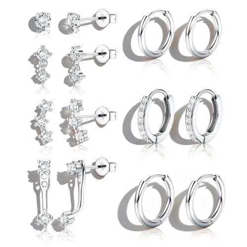 BESTEEL 低刺激性のゴールドイヤリング 7組 女性用 トレンディなスモールスタッドハギーフープイヤリングスタックセット かわいい軟骨ヘリックスジュエリー 敏感な耳用 シルバー 華奢なクリスマスストッキングスタッフ ギフト, S, ステンレス鋼, キュービックジルコニアの商品画像（Amazon）