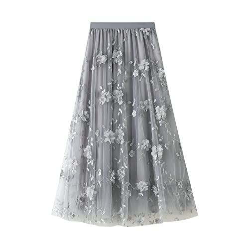 Skirts for Women Long Tulle Tutu Skirt 7D Flower Embroidery Solid Color High Waist Mesh Midi Swing Skirt