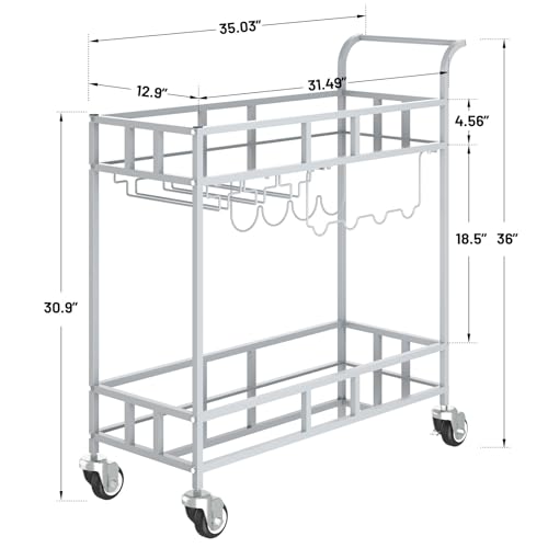 Modern Gold Bar Cart with Mirrored Shelves - 2-Tier Mobile Wine Cart with 4-Bottle Wine Rack & Stemware Glass Holder - Luxury Rolling Beverage Serving Trolley for Home Bar, Dining & Living Room by EliteEdge - Image 8