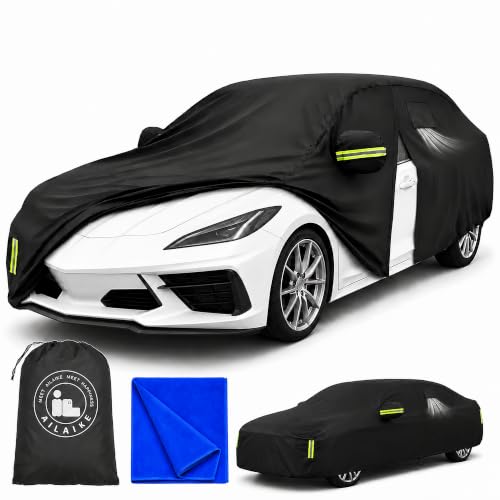 Image of Car Cover All Weather Custom Fit for Chevy Corvette Waterproof 10 Layers 210T Full Cover Universal Heavy Duty Sun UV Rain Hail Protection with Driver Door Zipper Breathable Vents.