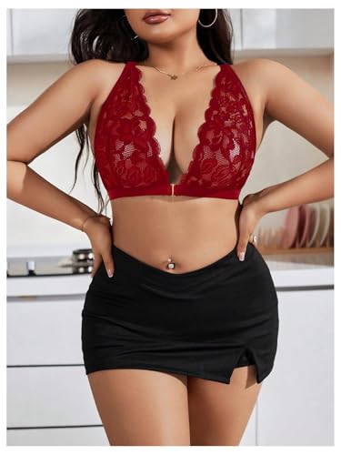 Image of MakeMeChic Women's Plus Size Lace Bralette Front Closure Bras Wireless Deep V Triangle Sexy Lace Bra