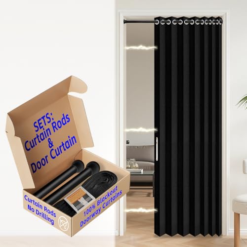 Image of Blackout Sliding Door Curtains for Doorways with Curtain Rods Adjustable 28-39 inch Long, Accordion Doors for Doorway, Magnetic Door Curtain for Bedroom Doorway Curtain Set, 1 Pack, W42 x L80 In, Black