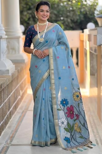 Image of SGF11 Women's Soft Cotton Linen Silk Saree With Blouse Piece