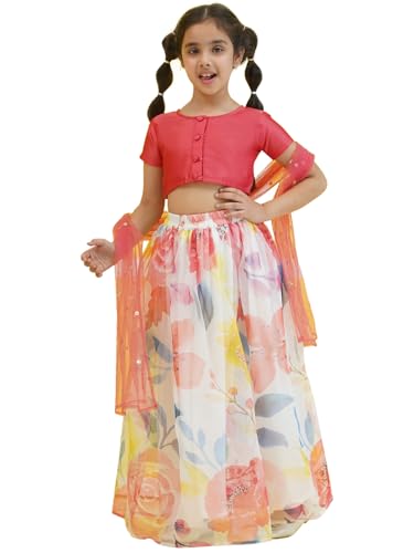 Image of AJ DEZINES Kids Ethnic Wear Silk Blend Organza Floral Printed Lehenga Choli for Girls With Dupatta
