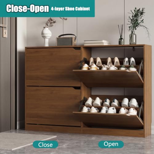Image of Xixini Shoe Storage Cabinet for Entryway with 4 Flip Drawers, Sturdy Wood Hidden Shoe Storage, Freestanding Narrow Slim Shoe Organizer for Front Door Entrance, Living Room, Hallway, Bedroom, Walnut